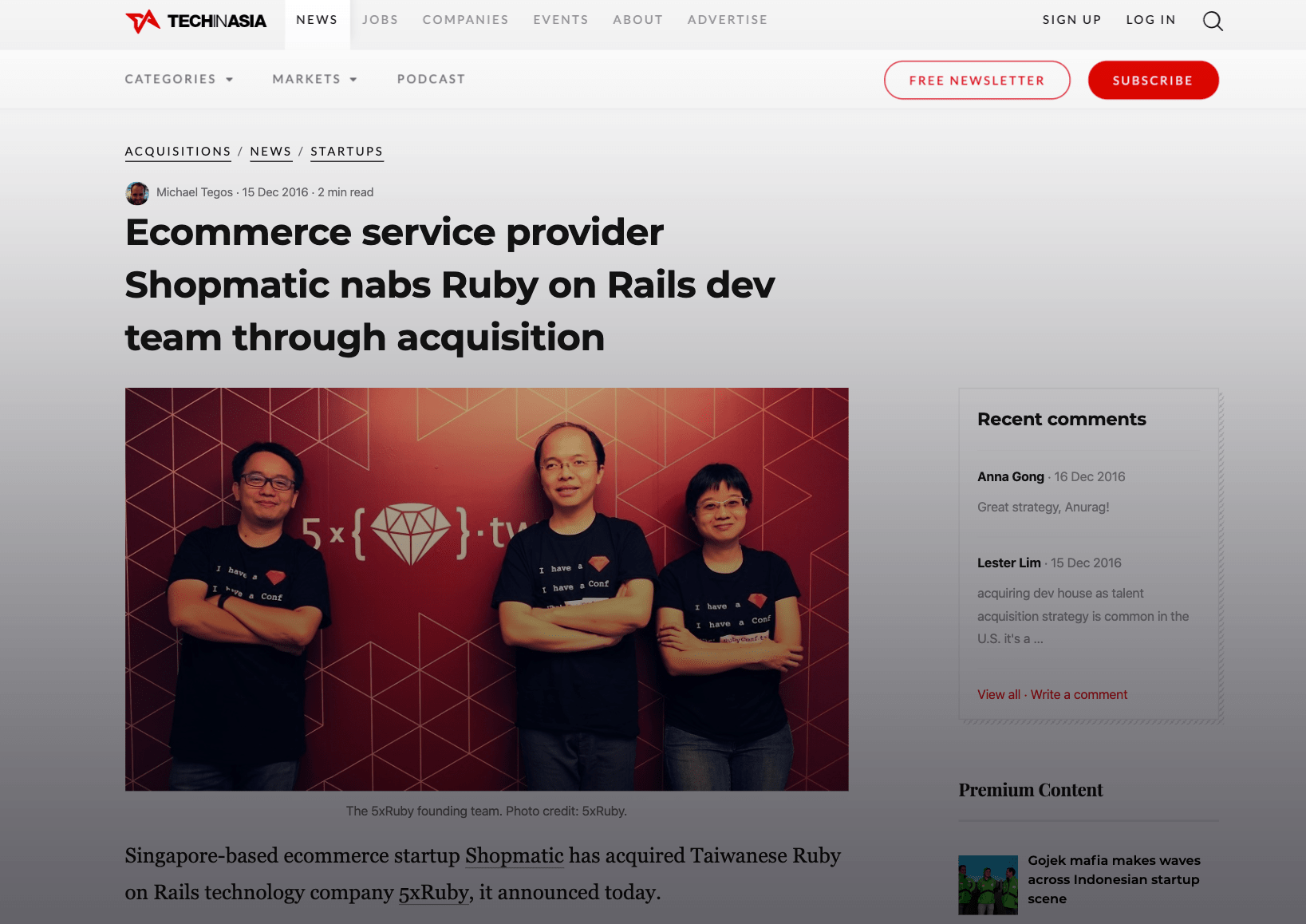 五倍紅寶石 | 媒體報導 | Ecommerce service provider Shopmatic nabs Ruby on Rails dev team through acquisition