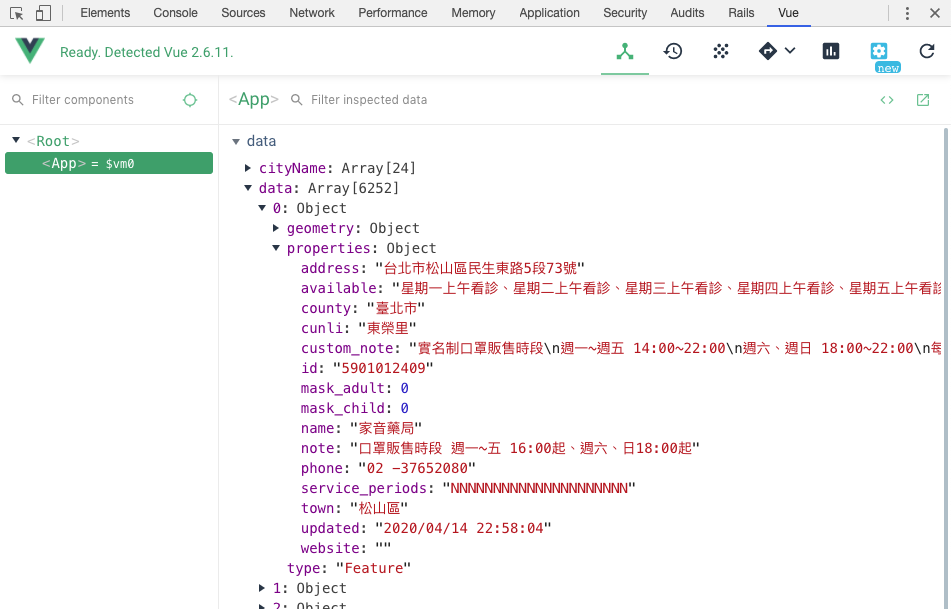 Vue.js 口罩地圖實作教學-使用 Vue.js devtools 檢查元件資料